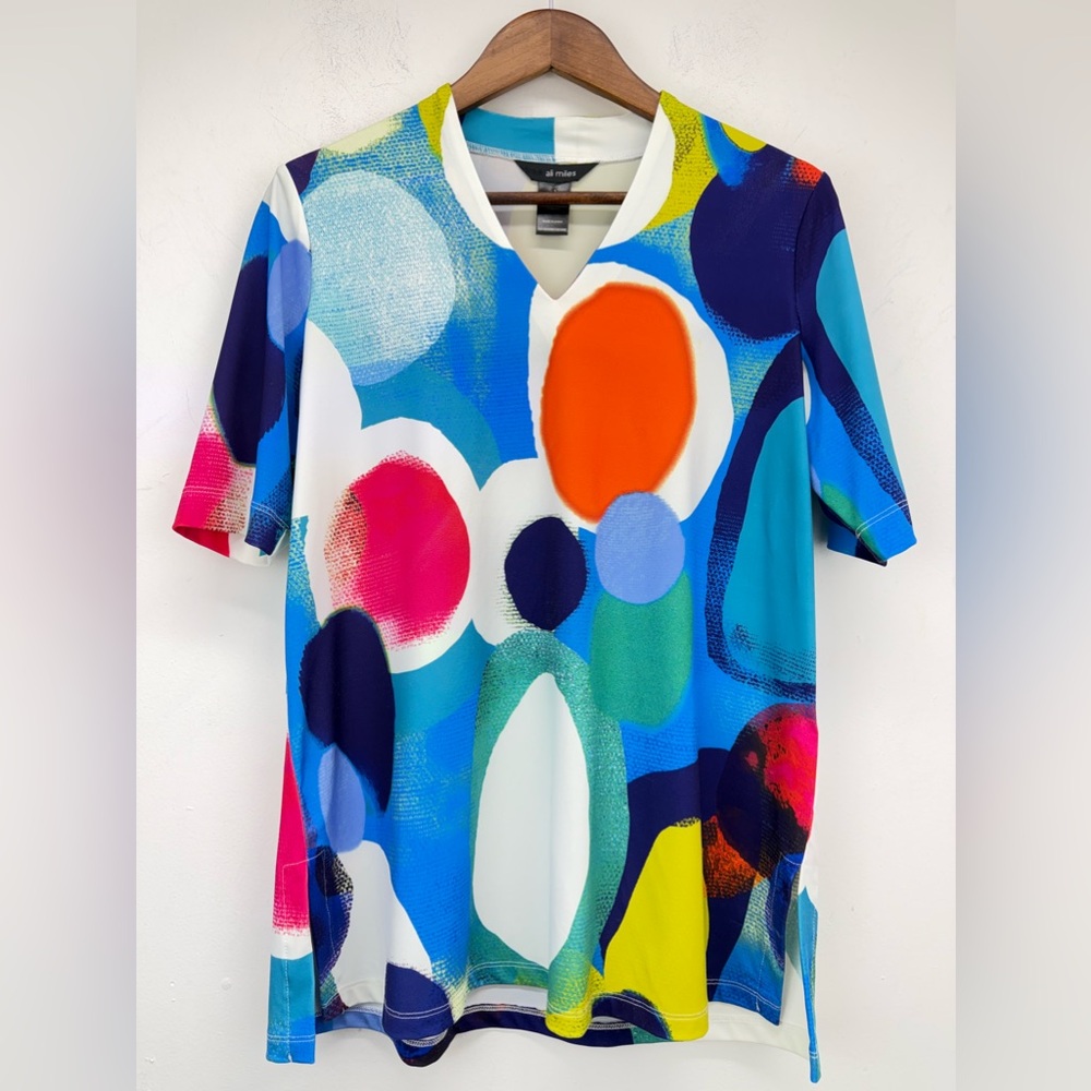 Ali Miles size Small Women’s Multicolor Abstract Artsy Short Sleeve V-neck Top